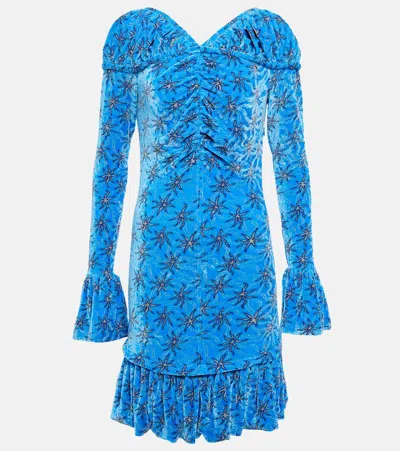 Rabanne Floral-print Flared Velvet Minidress In Blue