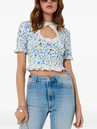 Rabanne Floral-print Ruffled Cropped Blouse In Blue