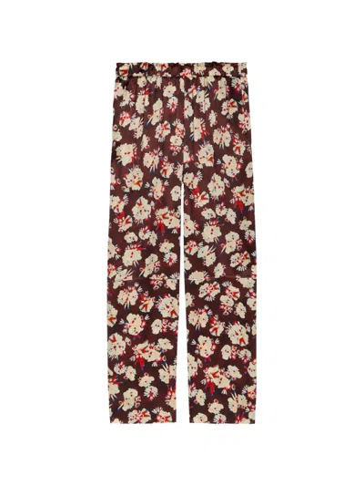Rabanne Floral-print Silk Trousers In Burgundy
