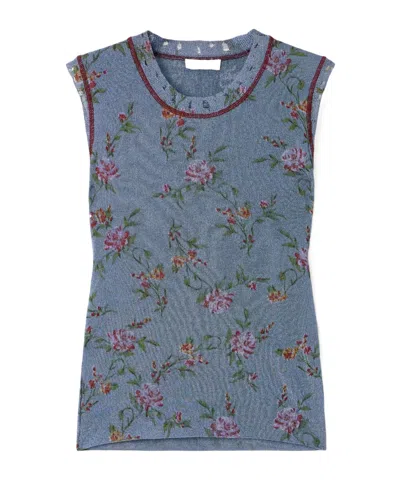 Rabanne Floral-print Metallic Knitted Tank In Blue