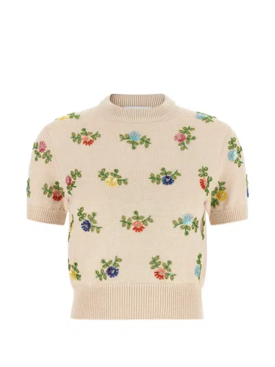 Rabanne Floral-embellished Merino Wool Sweater In Metallic