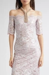 Rabanne Foiled Metallic Stretch Lace Off The Shoulder Top In Multi