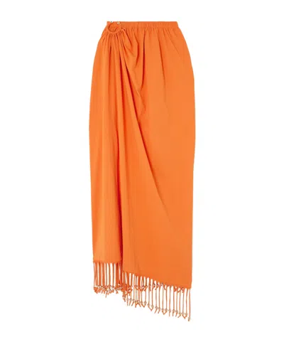 Rabanne Fringed Embellished Gathered Cotton-jersey Midi Skirt In Orange