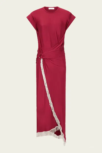 RABANNE FRINGE-DETAILED GATHERED DRESS IN RUBY RED