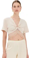 Rabanne Cropped Fringed Embellished Cotton-jersey T-shirt In Ecru