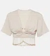 Rabanne Fringed Beaded Cotton Jersey Crop Top In Neutrals
