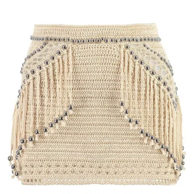 Rabanne Embellished Fringed Crochet Miniskirt In Beige