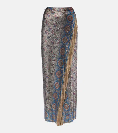 Rabanne Fringed Paisley Aluminum Mesh Maxi Skirt In Silver