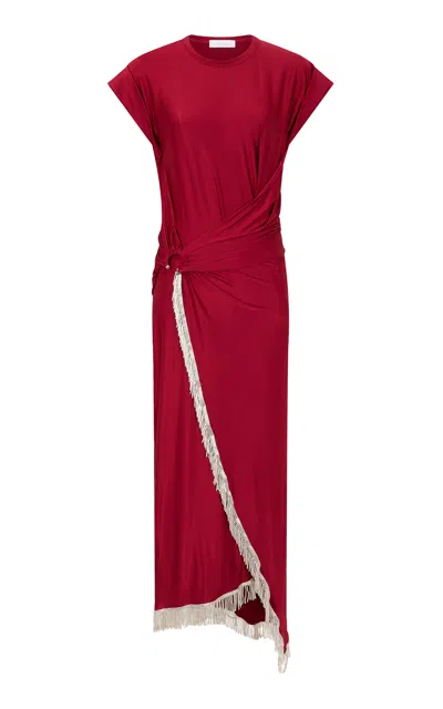 RABANNE FRINGED STRETCH-SATIN WRAP MIDI DRESS