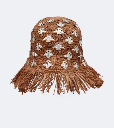 Rabanne Fringed Studded Raffia Bucket Hat In Braun