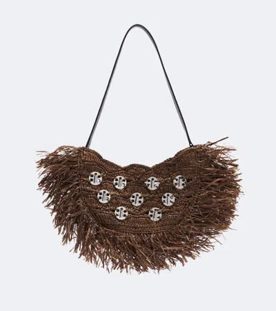 Rabanne Fringed Studded Raffia Shoulder Bag In Braun