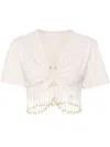 Rabanne Fringed Beaded Cotton Jersey Crop Top In Neutrals