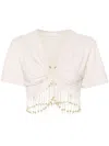 Rabanne Fringed Beaded Cotton Jersey Crop Top In Powder