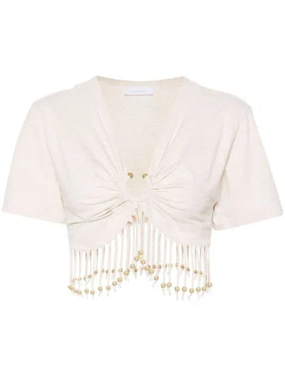 Rabanne Fringed Beaded Cotton Jersey Crop Top In Beige