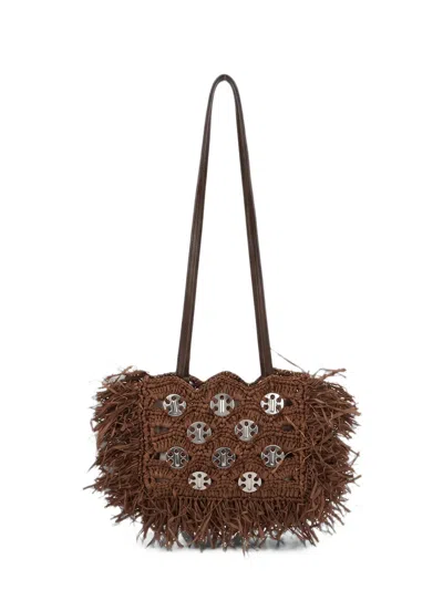 Rabanne Fringe-trimmed Crochet Shoulder Bag In Brown