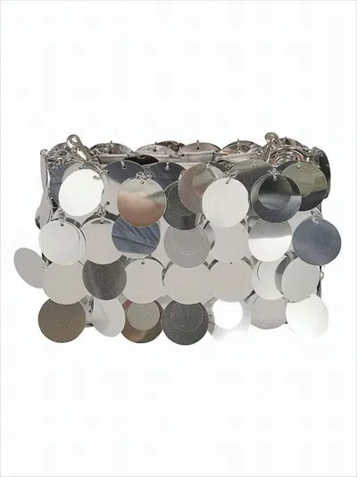 Rabanne Futuristic Silver Disc Clutch With Chain Strap In White