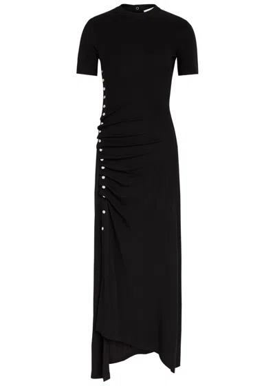 Rabanne Gathered Asymmetric Stretch-jersey Midi Dress In Black