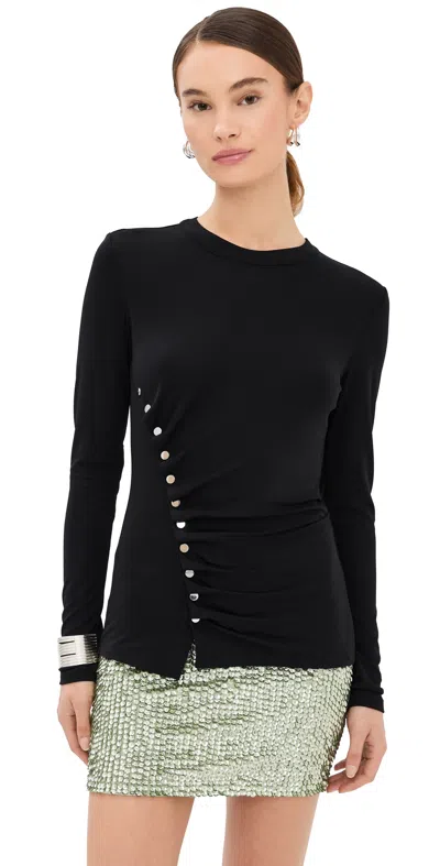 Rabanne Black Round Neck Draped Metallic Buttons Viscose Top