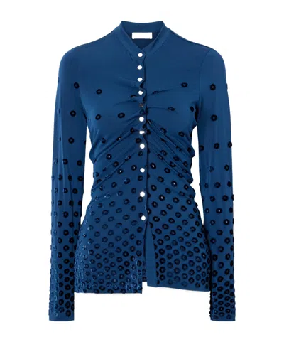 Rabanne Gathered Flocked Jersey Blouse In Blue
