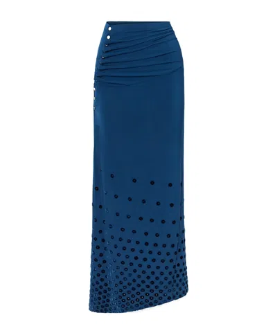 Rabanne Gathered Flocked Jersey Maxi Skirt In Blue