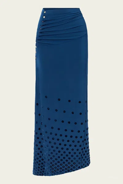 Rabanne Gathered Flocked Jersey Maxi Skirt In Deep Lake In Blue
