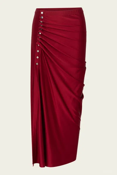 RABANNE GATHERED JERSEY MIDI SKIRT IN SCARLET RED