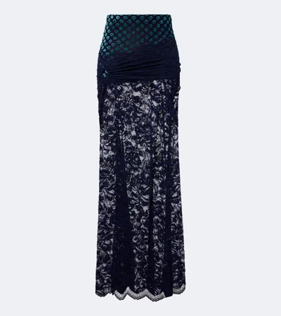 Rabanne Gathered Lace And Velvet Maxi Skirt In Blue