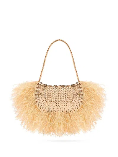 Rabanne Gold 1969 Moon Bag With Natural Fringes In Natural / Bronze