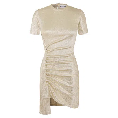 RABANNE GOLD DRAPÉ PRESSION MINI DRESS IN JERSEY