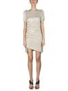 Rabanne Asymmetric Ruched Metallic Crepe Mini Dress In Gold