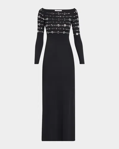 Rabanne Grommet Off-the-shoulder Long-sleeve Maxi Dress In Black