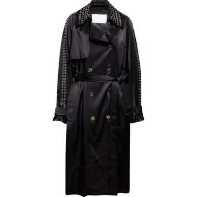 Rabanne Grommet Studded Oversize Satin Trench Coat In Black