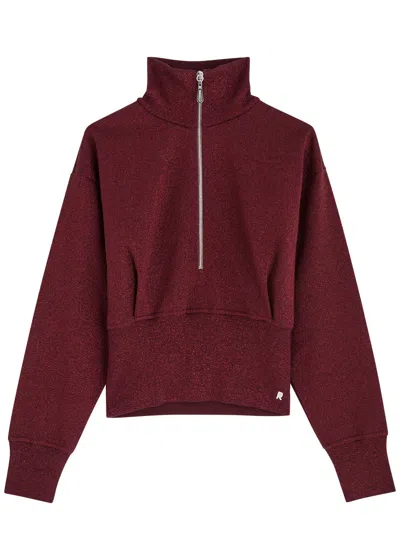 Rabanne Half-zip Metallic-knit Sweatshirt In Bordeaux