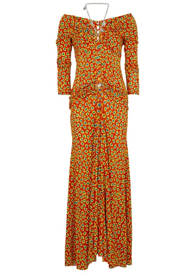 Rabanne Halterneck Printed Stretch-jersey Maxi Dress In Red