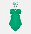 Rabanne Halterneck Cut-out Swimsuit In Green