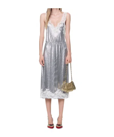 Rabanne Hand Assembled Midi Dress In Silver Mesh And Ivory Lace In Multi