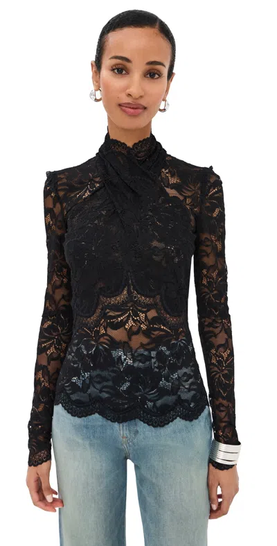 Rabanne Intricate Black Lace Long-sleeved Top With Scalloped Detailing