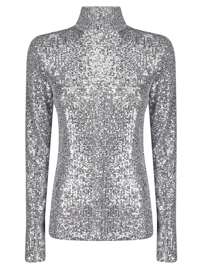 Rabanne High-neck Long-sleeved Jersey Top With Sequin Embellishments In Gray
