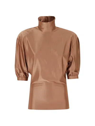 Rabanne High-neck Puff-sleeve Top In Brown