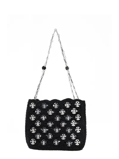Rabanne 'iconic 1969' Black Shoulder Bag With Embedded  Metallic Discs In Raphia Woman