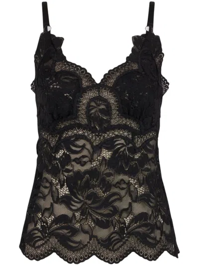 RABANNE RABANNE INTRICATE LACE-DETAIL BLACK TOP WITH V-NECKLINE