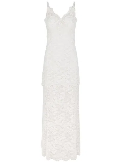 RABANNE IVORY WHITE LONG DRESS WITH LACE-EFFECT