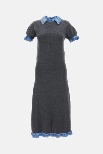 Rabanne Knit And Satin Midi Dress In Gray