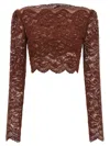 Rabanne Floral Lace Long Sleeve Cropped Top In Brown