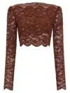 Rabanne Floral Lace Long Sleeve Cropped Top In Brown