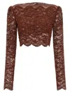 Rabanne Floral Lace Long Sleeve Cropped Top In Brown