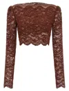 Rabanne Floral Lace Long Sleeve Cropped Top In Brown