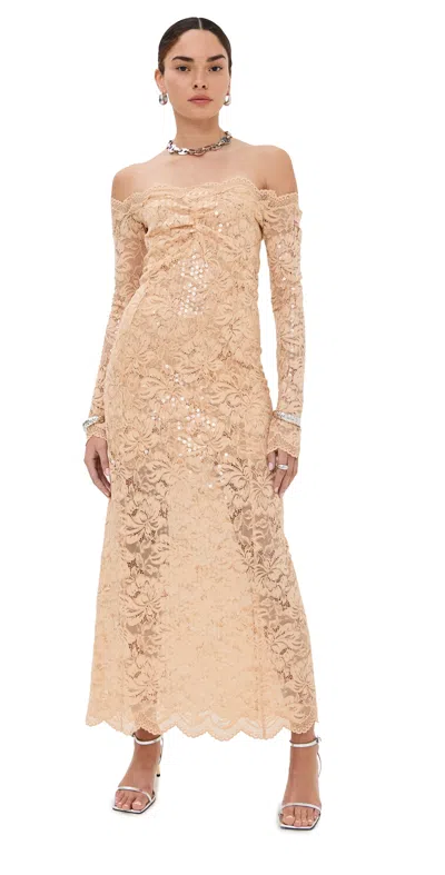 Rabanne Sequined Off-shoulder Lace Maxi Dress In Yellow