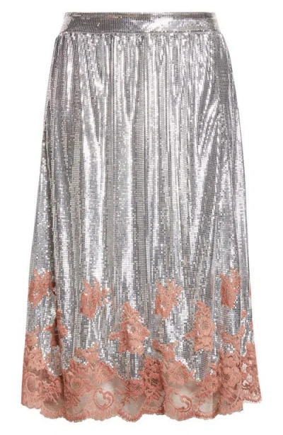 Rabanne Lace Trim Metallic Mesh Skirt In Silver