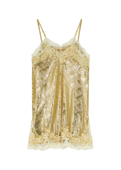 Rabanne Lace-trimmed Chainmail Mini Dress In Gold